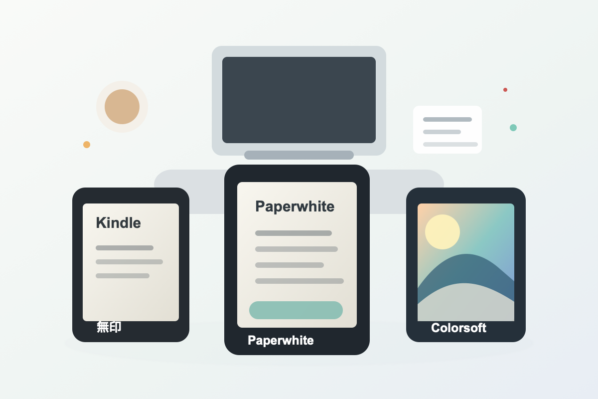 Kindle、Kindle Paperwhite、Kindle Colorsoftを比較するイメージ