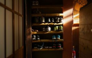 Warmly lit shoe rack featuring organized sneakers in a traditional Kyoto residence.